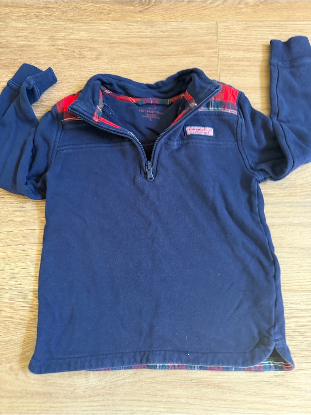 Classic Navy Pullover with Red Plaid Trim - Kids Boys